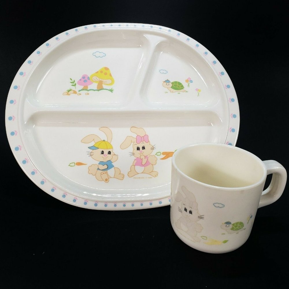 1986 Pecoware Kids Melamine Divided Plate Cup Set Bunny Rabbits Mushrooms